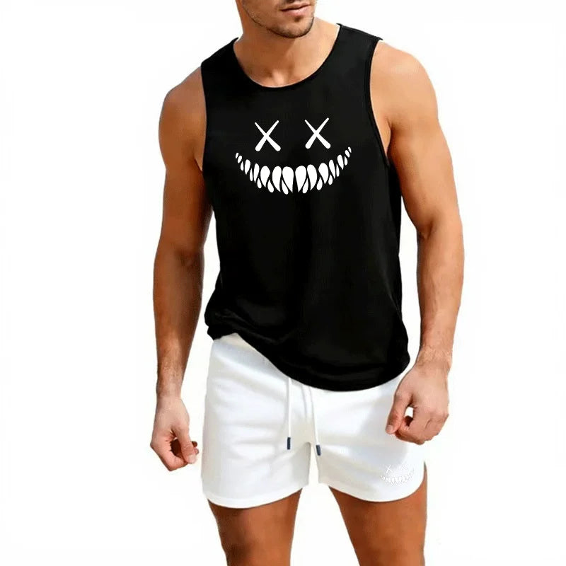 Men's Summer 2 Piece Beach Shorts and Vest Set European Size Casual Trendy Sportswear for Outdoor Running Training
