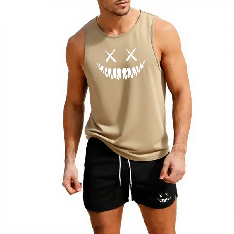 Men's Summer 2 Piece Beach Shorts and Vest Set European Size Casual Trendy Sportswear for Outdoor Running Training