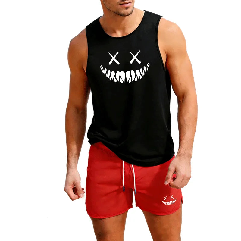 Men's Summer 2 Piece Beach Shorts and Vest Set European Size Casual Trendy Sportswear for Outdoor Running Training