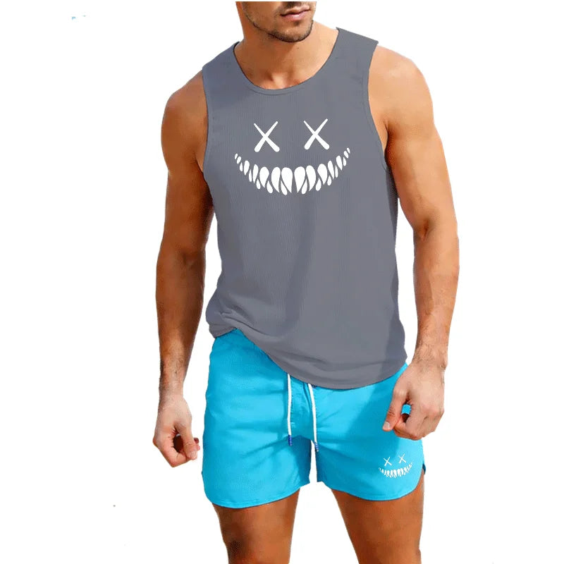 Men's Summer 2 Piece Beach Shorts and Vest Set European Size Casual Trendy Sportswear for Outdoor Running Training