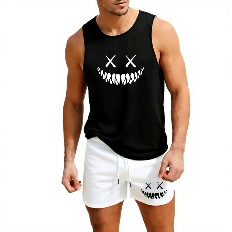 Men's Summer 2 Piece Beach Shorts and Vest Set European Size Casual Trendy Sportswear for Outdoor Running Training