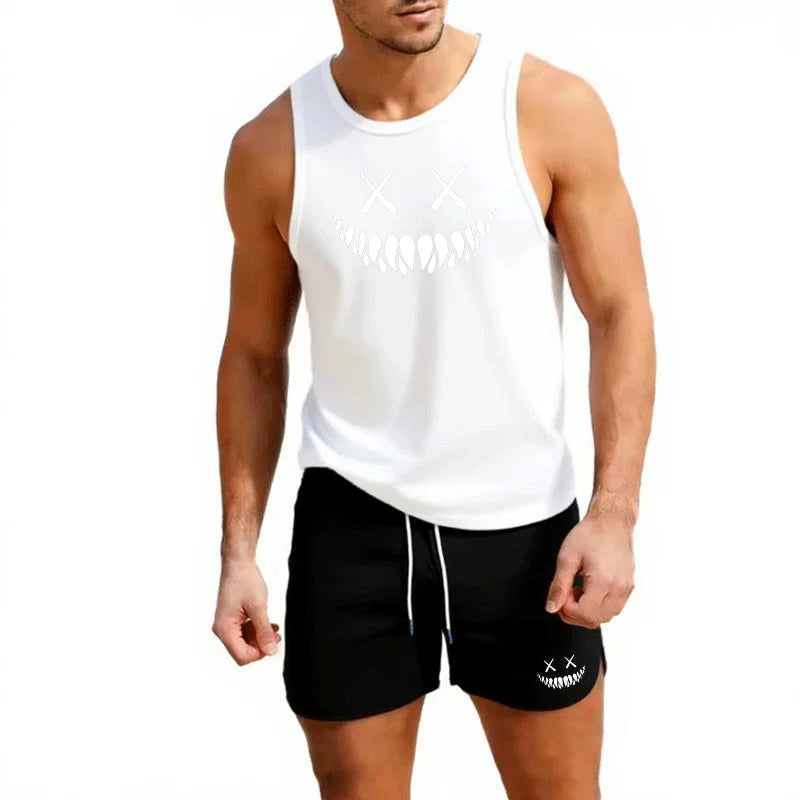 Men's Summer 2 Piece Beach Shorts and Vest Set European Size Casual Trendy Sportswear for Outdoor Running Training