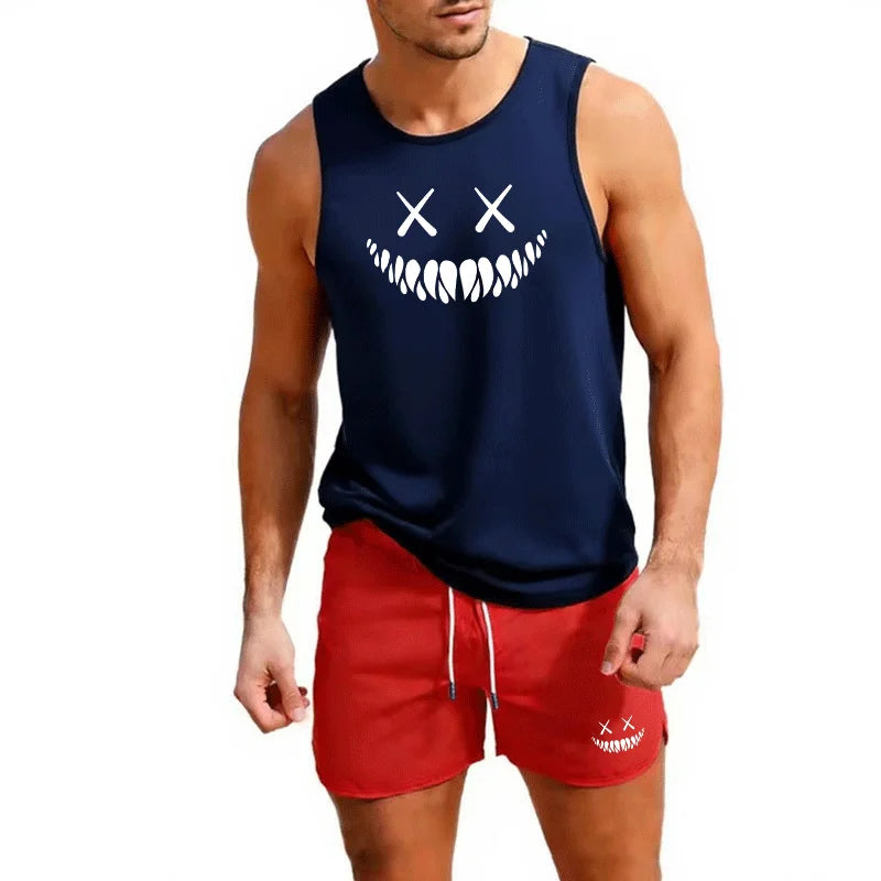 Men's Summer 2 Piece Beach Shorts and Vest Set European Size Casual Trendy Sportswear for Outdoor Running Training